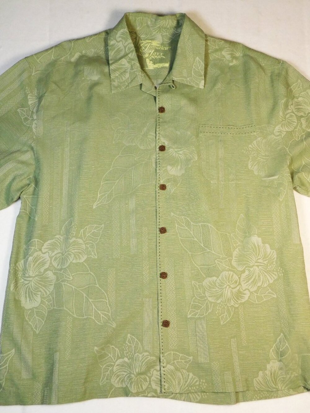 Jamaica Jaxx Men's XXL Green Silk Floral Jacquard Hawaiian Button- Up Camp Shirt